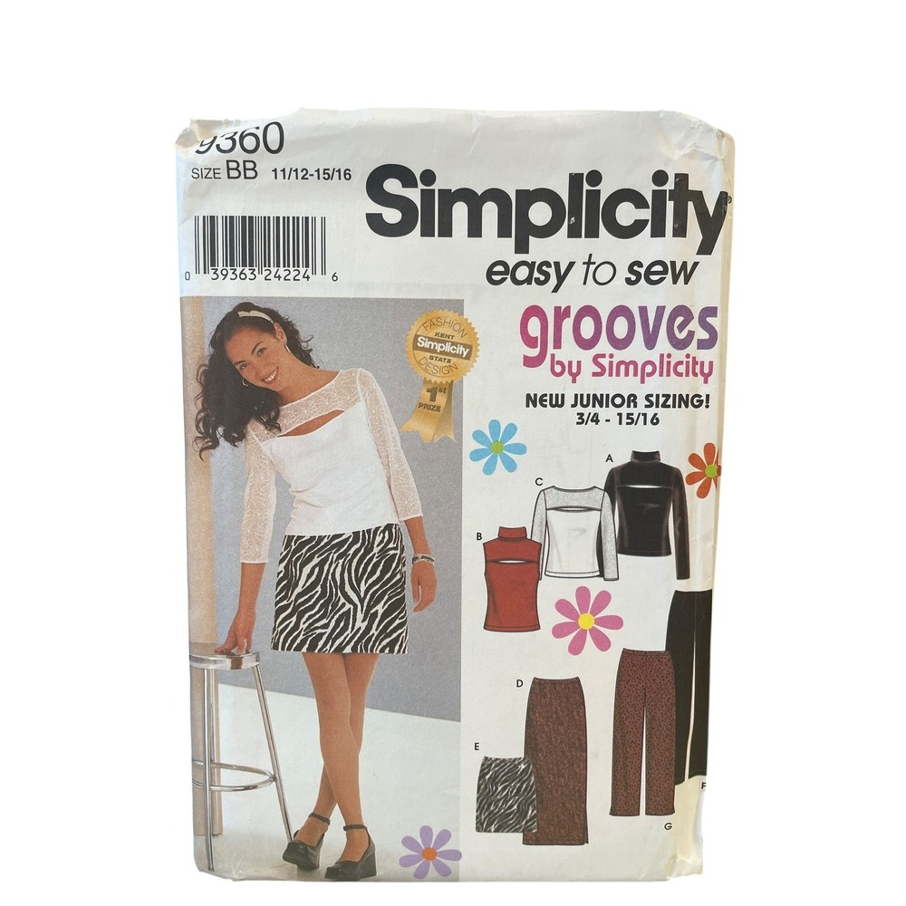 Simplicity Sewing Pattern Junior 11/12-15/16 9360 Knit Tops Skirt Pants Vintage
